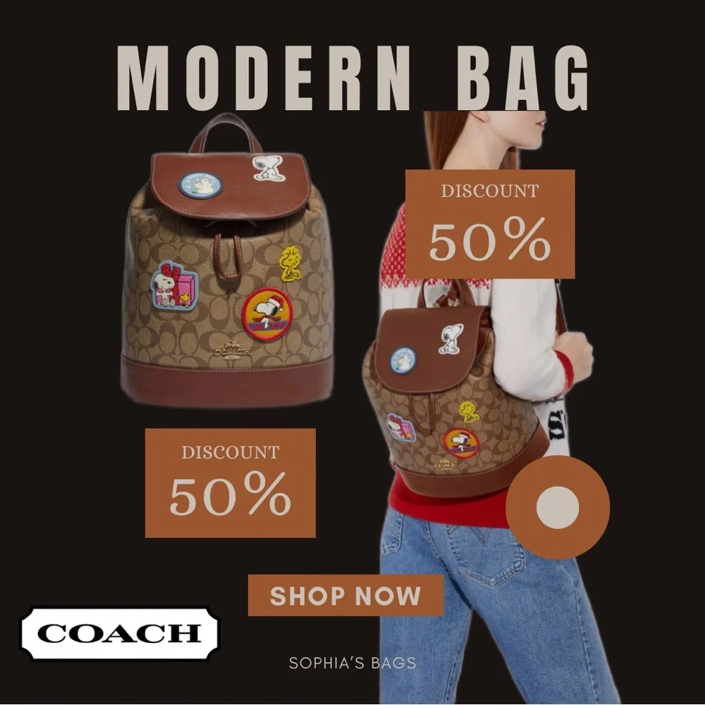 Coach Peanuts Snoopy Backpack Leather Backpack with Cartoon Patches - Picture 2 of 16